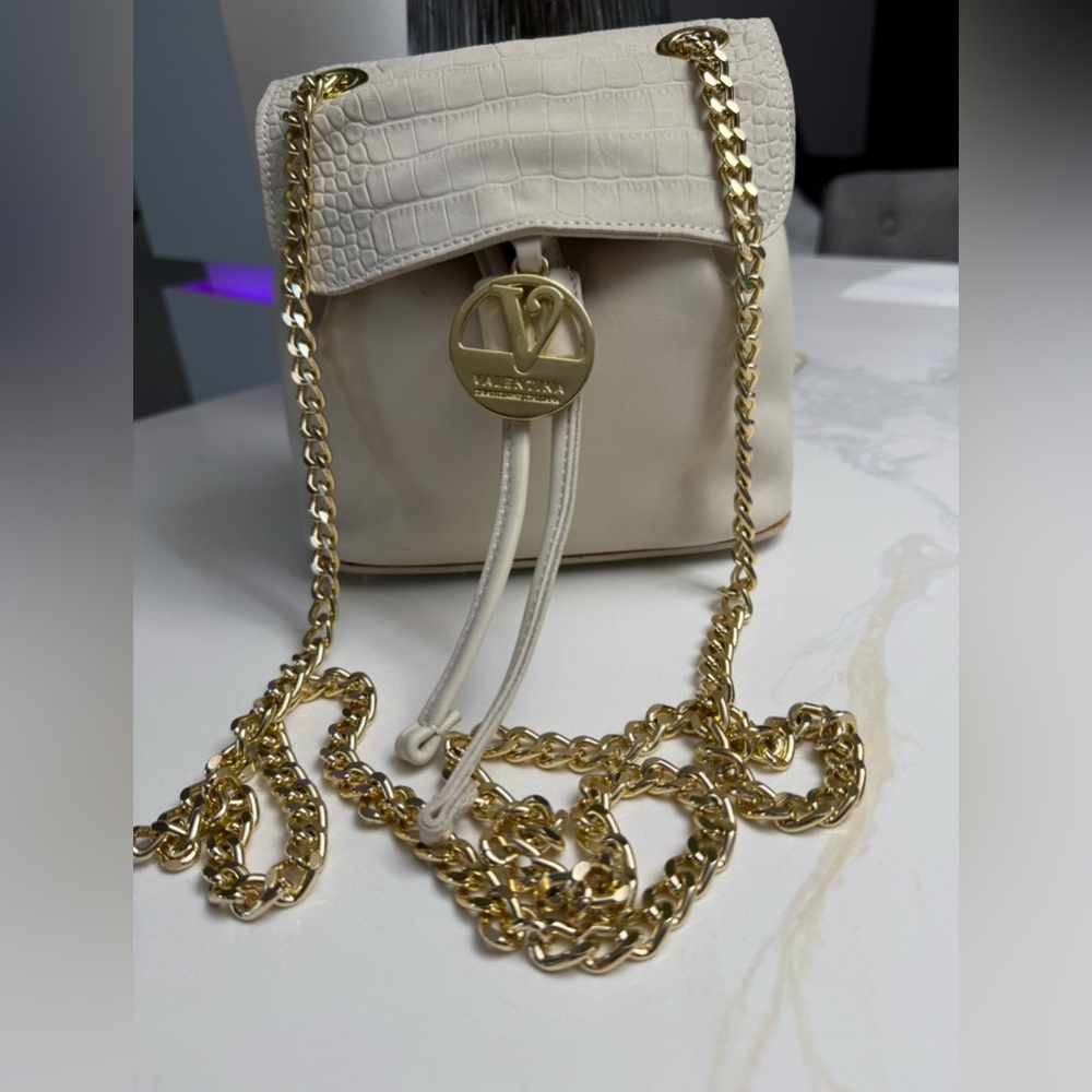 Valentina Cream and Gold Backpack with Luxurious Chain genuine leather NWT